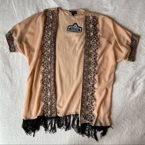 Angie Peach Black Tassel Fringe Embroidered Studded Beaded 100% Polyester Kimono